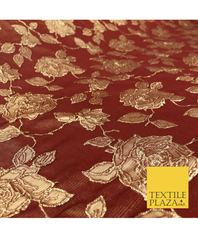 MAROON Luxury Textured Gold Floral Rose Brocade Dress Fabric Metallic Fancy 1350