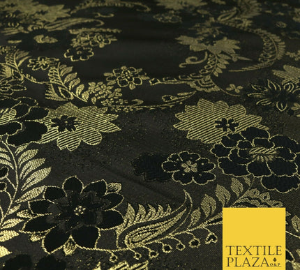BLACK GOLD Ornate Floral Brocade Dress Fabric Metallic Woven Fancy 1531