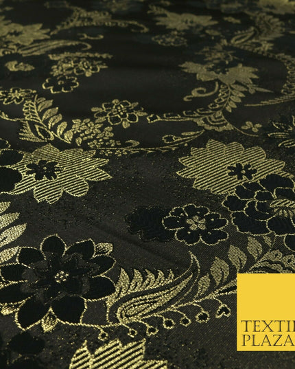 BLACK GOLD Ornate Floral Brocade Dress Fabric Metallic Woven Fancy 1531