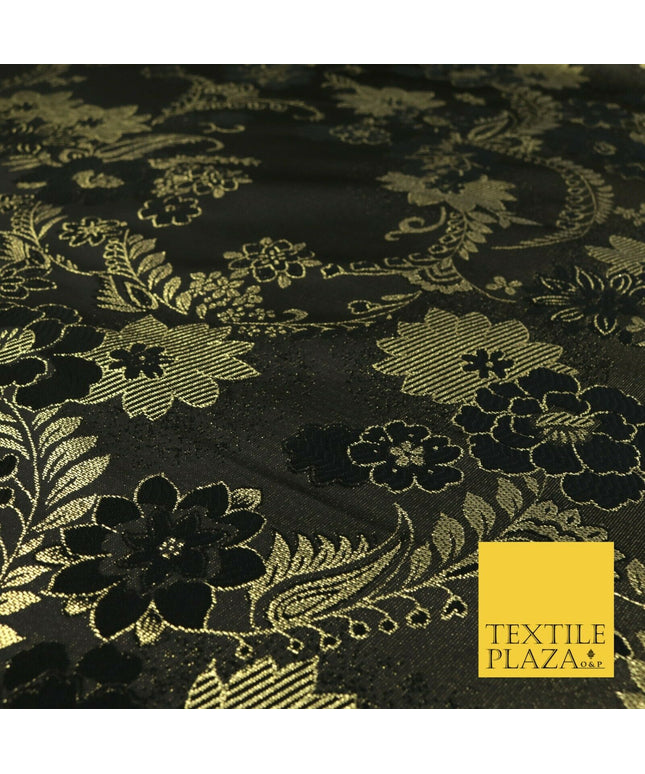 BLACK GOLD Ornate Floral Brocade Dress Fabric Metallic Woven Fancy 1531