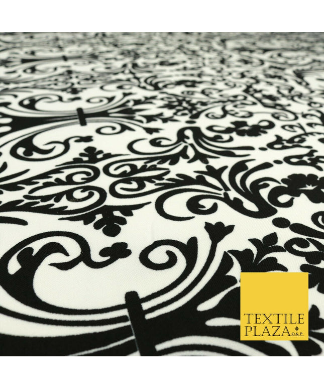 Black & White Ornate Damask Swirl Tribal Bi-Stretch Fabric Uniform Skirts 1529