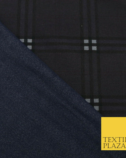 Dark Campbell Tartan Check Indigo Blue DENIM Fabric Skirts Jeans 59" Wide 1527