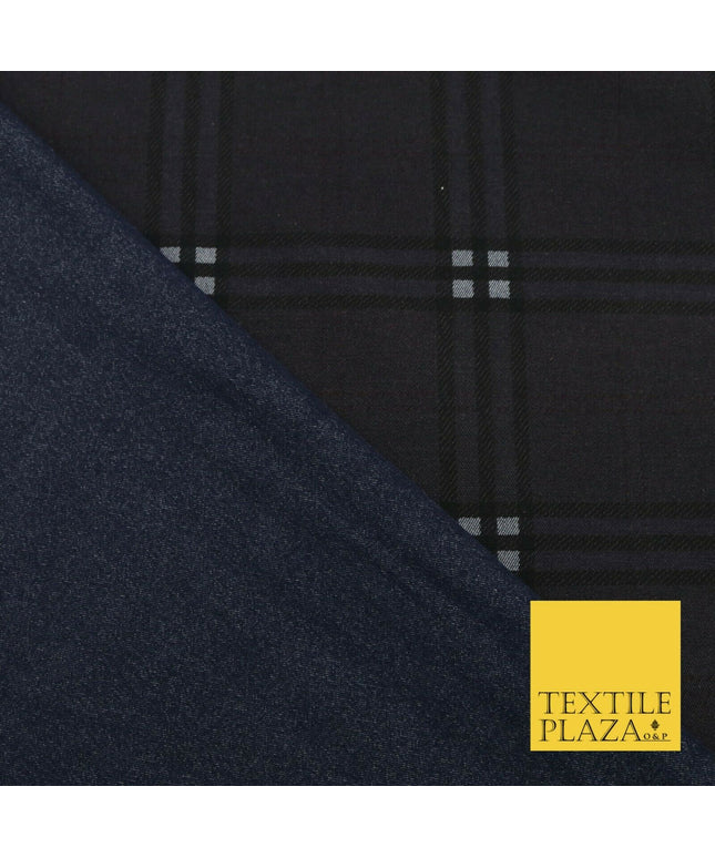 Dark Campbell Tartan Check Indigo Blue DENIM Fabric Skirts Jeans 59" Wide 1527
