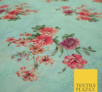 Aqua Grey Lattice Broderie Anglaise Floral 100% Cotton Lawn Print Dress Fabric