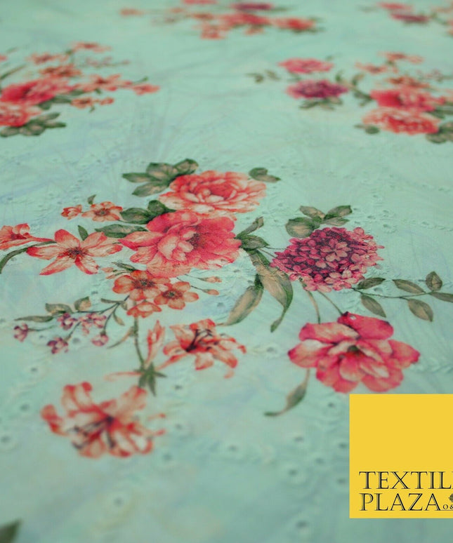Aqua Grey Lattice Broderie Anglaise Floral 100% Cotton Lawn Print Dress Fabric