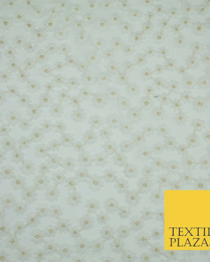 Luxury White Mini Blossom Threadwork Mesh Net Dress Fabric Gold Sparkle 1901