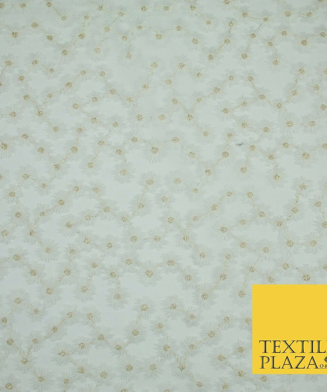 Luxury White Mini Blossom Threadwork Mesh Net Dress Fabric Gold Sparkle 1901