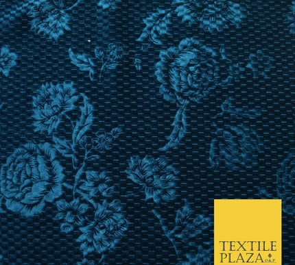Teal Blue Floral Rose Embossed Waffle Textured Velvet Velour Dress Fabric 1904