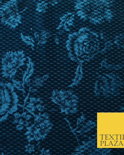 Teal Blue Floral Rose Embossed Waffle Textured Velvet Velour Dress Fabric 1904