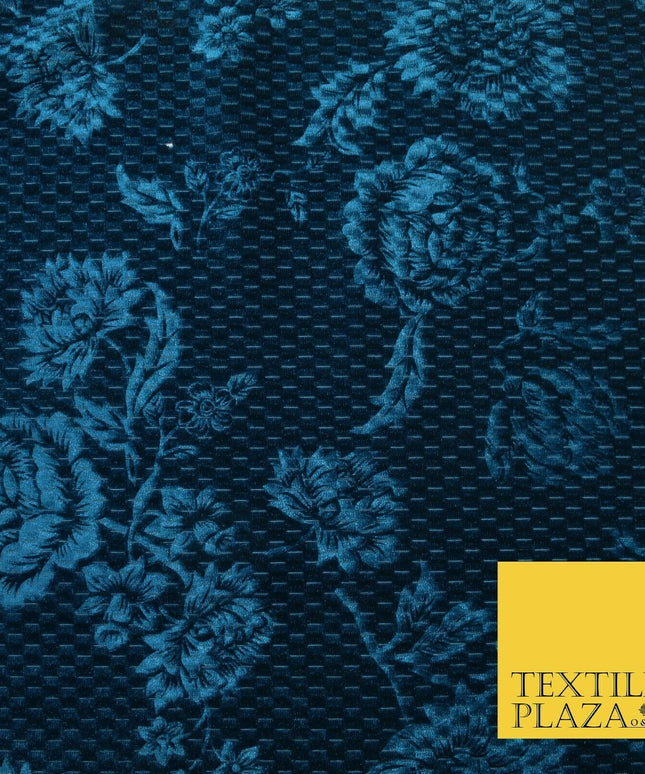 Teal Blue Floral Rose Embossed Waffle Textured Velvet Velour Dress Fabric 1904