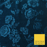Teal Blue Floral Rose Embossed Waffle Textured Velvet Velour Dress Fabric 1904