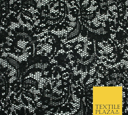 Black Ornate Sequin Check Lace Scallop Fabric Glitzy Dress Dancewear 1937