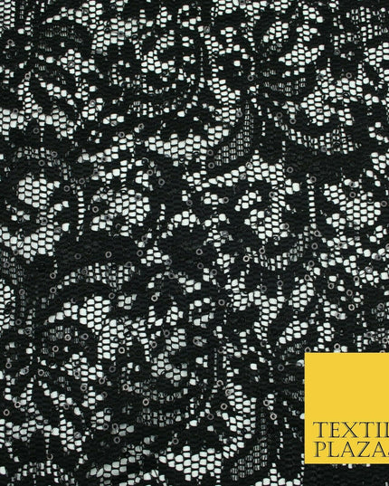 Black Ornate Sequin Check Lace Scallop Fabric Glitzy Dress Dancewear 1937