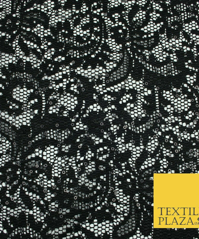 Black Ornate Sequin Check Lace Scallop Fabric Glitzy Dress Dancewear 1937