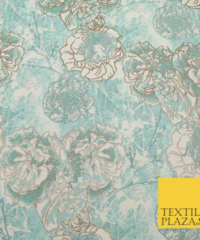 SEA GREEN BLUE Mix Rose Cluster Brocade Dress Fabric Metallic Woven Fancy 1533
