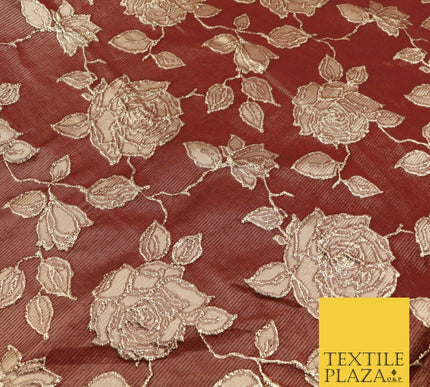MAROON Luxury Textured Gold Floral Rose Brocade Dress Fabric Metallic Fancy 1350