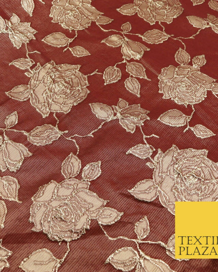 MAROON Luxury Textured Gold Floral Rose Brocade Dress Fabric Metallic Fancy 1350