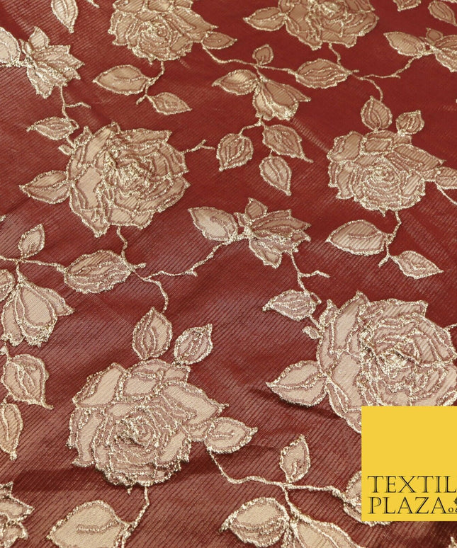 MAROON Luxury Textured Gold Floral Rose Brocade Dress Fabric Metallic Fancy 1350