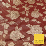MAROON Luxury Textured Gold Floral Rose Brocade Dress Fabric Metallic Fancy 1350