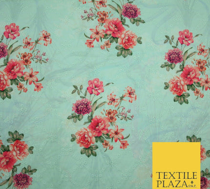 Aqua Grey Lattice Broderie Anglaise Floral 100% Cotton Lawn Print Dress Fabric