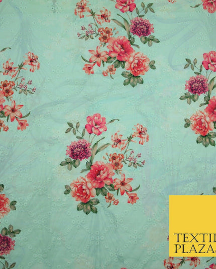 Aqua Grey Lattice Broderie Anglaise Floral 100% Cotton Lawn Print Dress Fabric