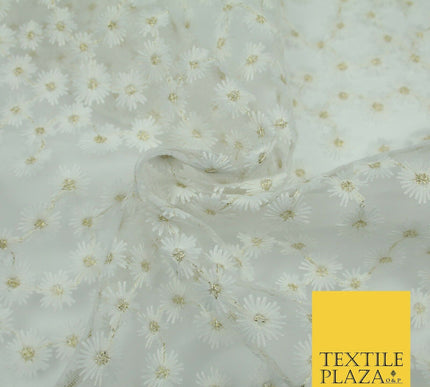 Luxury White Mini Blossom Threadwork Mesh Net Dress Fabric Gold Sparkle 1901