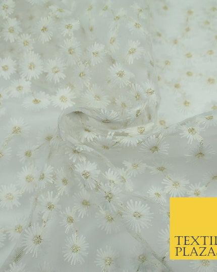Luxury White Mini Blossom Threadwork Mesh Net Dress Fabric Gold Sparkle 1901
