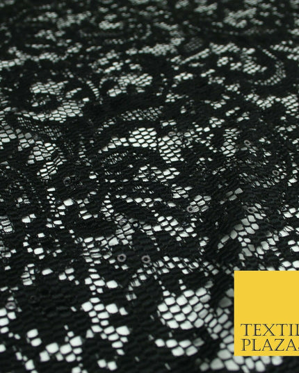 Black Ornate Sequin Check Lace Scallop Fabric Glitzy Dress Dancewear 1937