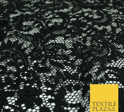 Black Ornate Sequin Check Lace Scallop Fabric Glitzy Dress Dancewear 1937