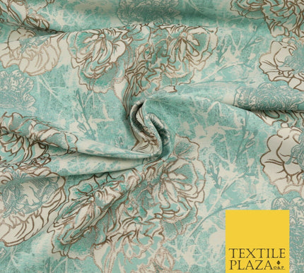 SEA GREEN BLUE Mix Rose Cluster Brocade Dress Fabric Metallic Woven Fancy 1533