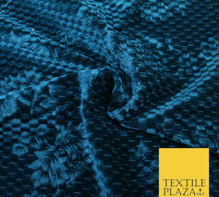 Teal Blue Floral Rose Embossed Waffle Textured Velvet Velour Dress Fabric 1904