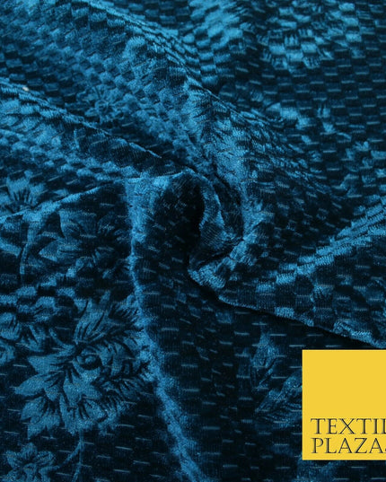 Teal Blue Floral Rose Embossed Waffle Textured Velvet Velour Dress Fabric 1904