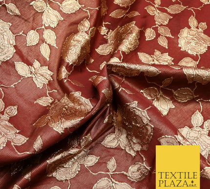MAROON Luxury Textured Gold Floral Rose Brocade Dress Fabric Metallic Fancy 1350