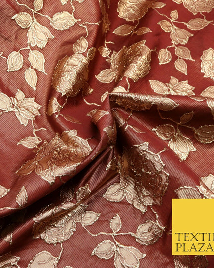 MAROON Luxury Textured Gold Floral Rose Brocade Dress Fabric Metallic Fancy 1350