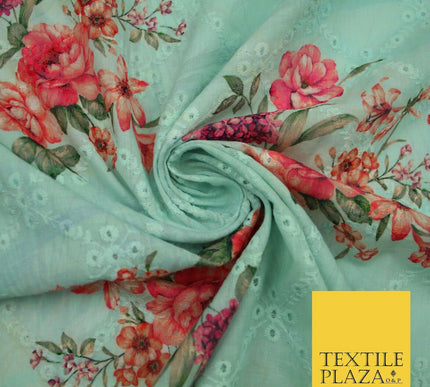 Aqua Grey Lattice Broderie Anglaise Floral 100% Cotton Lawn Print Dress Fabric