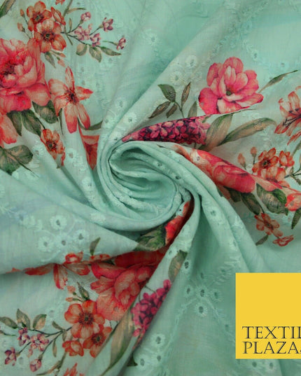 Aqua Grey Lattice Broderie Anglaise Floral 100% Cotton Lawn Print Dress Fabric