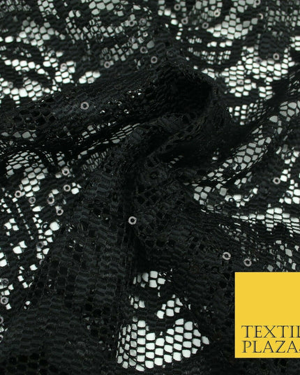 Black Ornate Sequin Check Lace Scallop Fabric Glitzy Dress Dancewear 1937