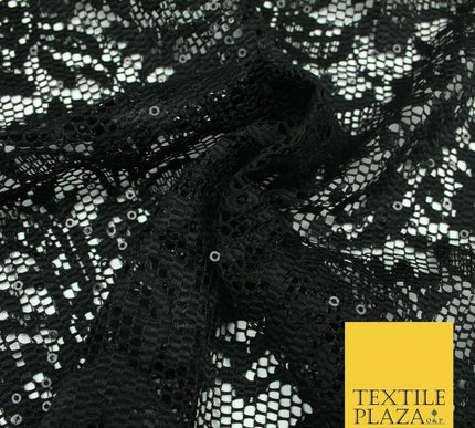 Black Ornate Sequin Check Lace Scallop Fabric Glitzy Dress Dancewear 1937
