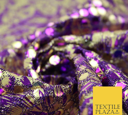Purple Floral Print 5mm Sequin Hologram Stretch Fabric Shiny Dress Dance 2268