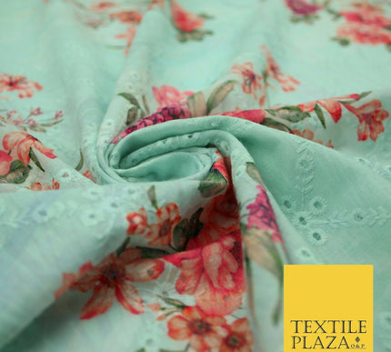Aqua Grey Lattice Broderie Anglaise Floral 100% Cotton Lawn Print Dress Fabric