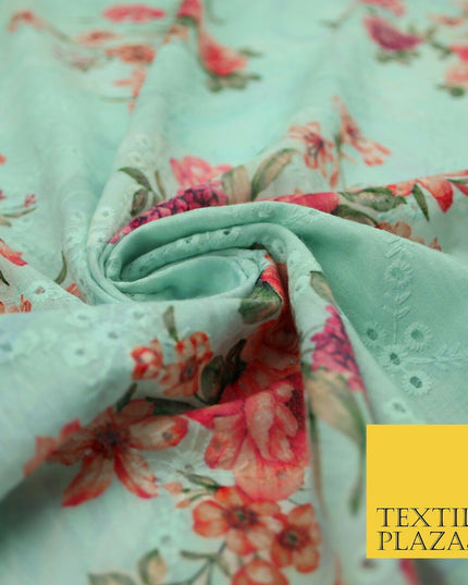 Aqua Grey Lattice Broderie Anglaise Floral 100% Cotton Lawn Print Dress Fabric