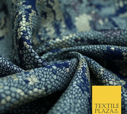 Navy Blue Pixel Beehive Snake Grid Metallic Brocade Jacquard Dress Fabric 2647