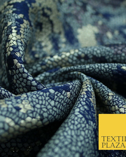 Navy Blue Pixel Beehive Snake Grid Metallic Brocade Jacquard Dress Fabric 2647