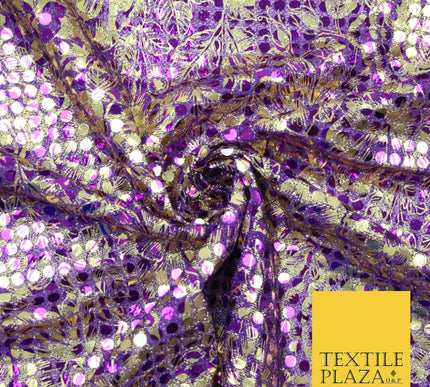 Purple Floral Print 5mm Sequin Hologram Stretch Fabric Shiny Dress Dance 2268
