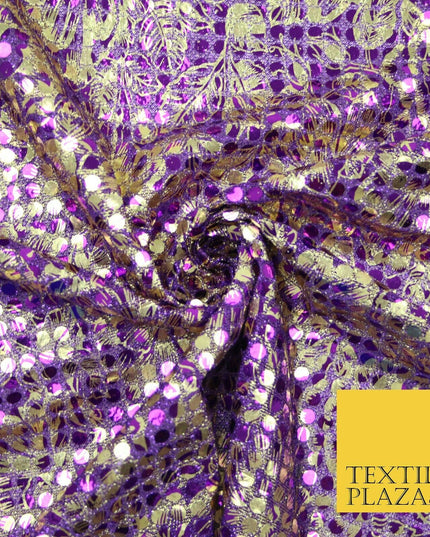 Purple Floral Print 5mm Sequin Hologram Stretch Fabric Shiny Dress Dance 2268