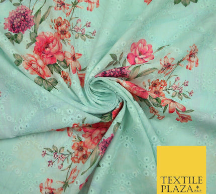 Aqua Grey Lattice Broderie Anglaise Floral 100% Cotton Lawn Print Dress Fabric