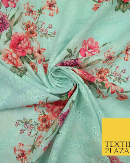 Aqua Grey Lattice Broderie Anglaise Floral 100% Cotton Lawn Print Dress Fabric