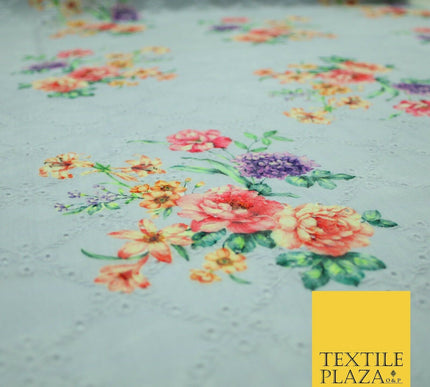 Aqua Grey Lattice Broderie Anglaise Floral 100% Cotton Lawn Print Dress Fabric