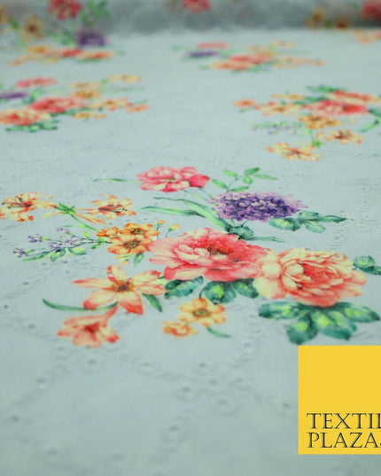 Aqua Grey Lattice Broderie Anglaise Floral 100% Cotton Lawn Print Dress Fabric