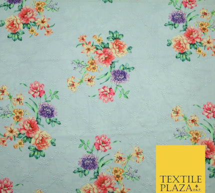 Aqua Grey Lattice Broderie Anglaise Floral 100% Cotton Lawn Print Dress Fabric